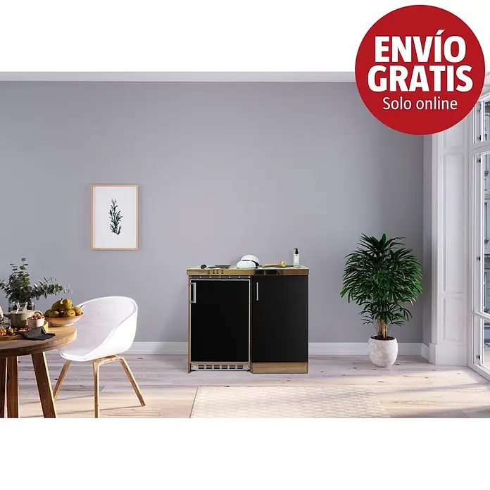 Respekta Minicocina Levin - Ancho: 100 cm, Negro, Con placa de cocina doble - Minicocina compacta negra y de madera con nevera y armario integrados, situada en una habitación moderna.