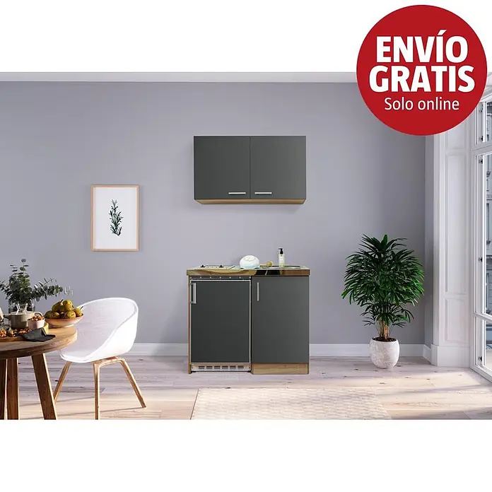 Respekta Minicocina MK100ESGOSCS - Ancho: 100 cm, Gris, Con vitrocerámica, Con módulo de pared - Cocina compacta gris oscuro con detalles de madera, fregadero, placa/nevera y mueble superior, en un espacio moderno.