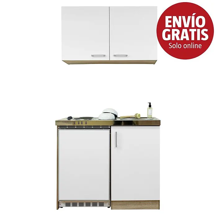 Respekta Minicocina Levin - Ancho: 100 cm, Blanco, Con placa de cocina doble, Con armario superior - Cocina compacta blanca con dos armarios superiores, placa, fregadero y electrodoméstico integrado.