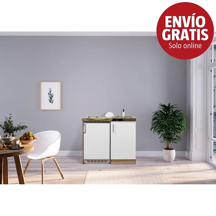 Respekta Minicocina MK100ESWCS - Ancho: 100 cm, Blanco, Con vitrocerámica - Cocina compacta blanca con encimera de efecto madera, fregadero integrado y detalles de acero inoxidable.