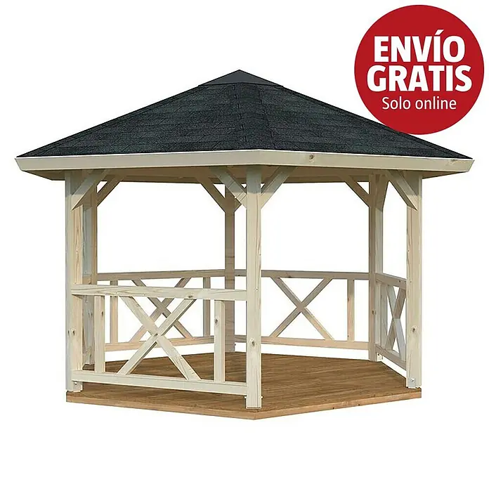 Palmako Pérgola estándar Betty S Hexagonal - L x An: 337 x 389 cm, Abeto rojo, Natural - Cenador de jardín de madera clara con techo de tejas oscuras, suelo de madera integrado y círculo rojo 'Envío Gratis solo online'.