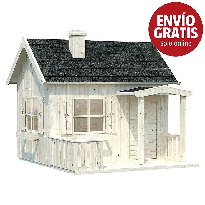 Palmako Caseta infantil Otto con terraza - L x An x Al: 233 x 254 x 219 cm, Vidrio, Natural - Casita de madera clara con techo oscuro, ventanas y pequeño porche.