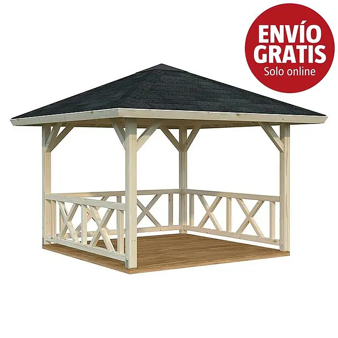 Palmako Pérgola estándar Betty S - L x An: 386 x 386 cm, Abeto rojo, Natural - Cenador de madera con techo oscuro, estructura de madera clara y barandillas con patrón de cruces sobre suelo de madera.