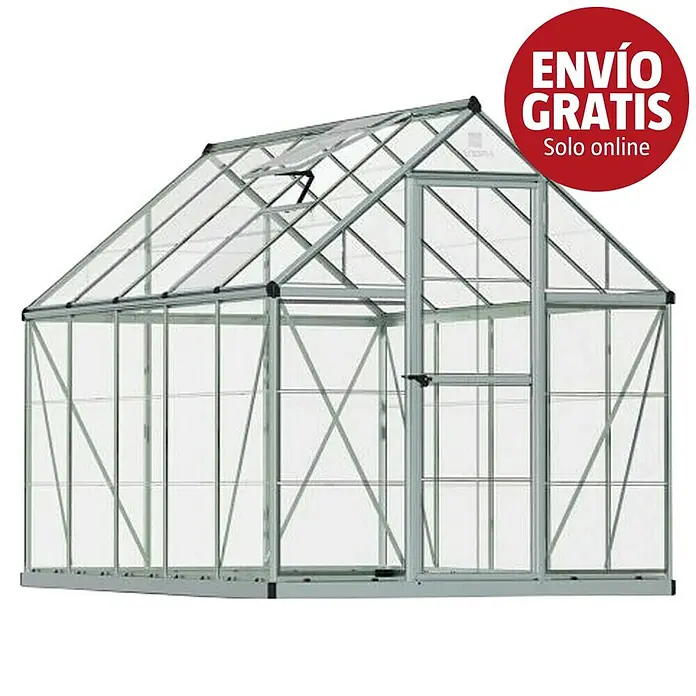 Palram – Canopia Invernadero Harmony - Medidas ext. (An x Pr): 185 x 306 cm, Plateado, Área: 5,6 m² - Invernadero con estructura plateada, paneles transparentes, ventana de techo abierta y pegatina 'ENVÍO GRATIS'.