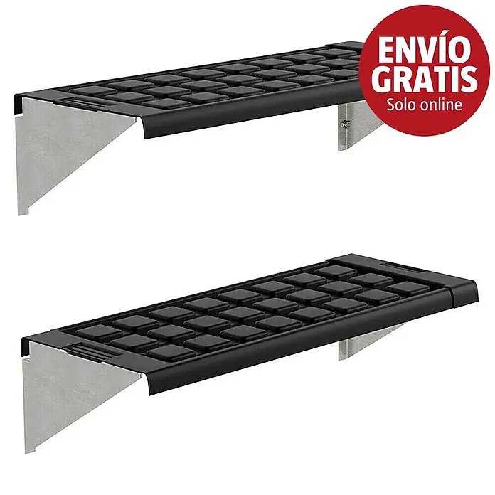 Palram – Canopia Estantería para invernadero - 125 x 26 cm, Acero - Dos estantes de lamas negras con soportes de pared plateados.
