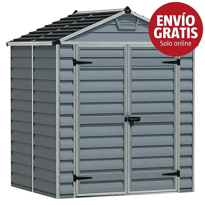 Palram – Canopia Caseta de jardín Skylight - Medidas ext. (An x Pr): 185,5 x 154 cm, Plástico, Antracita/gris - Caseta de jardín gris de plástico con puertas dobles y tejado a dos aguas.