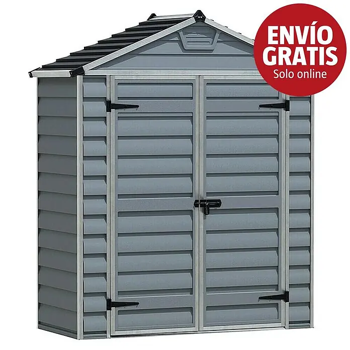 Palram – Canopia Caseta de jardín Skylight - Medidas ext. (An x Pr): 185 x 90 cm, Plástico, Gris oscuro - Caseta de jardín de plástico gris con techo y bisagras negras.