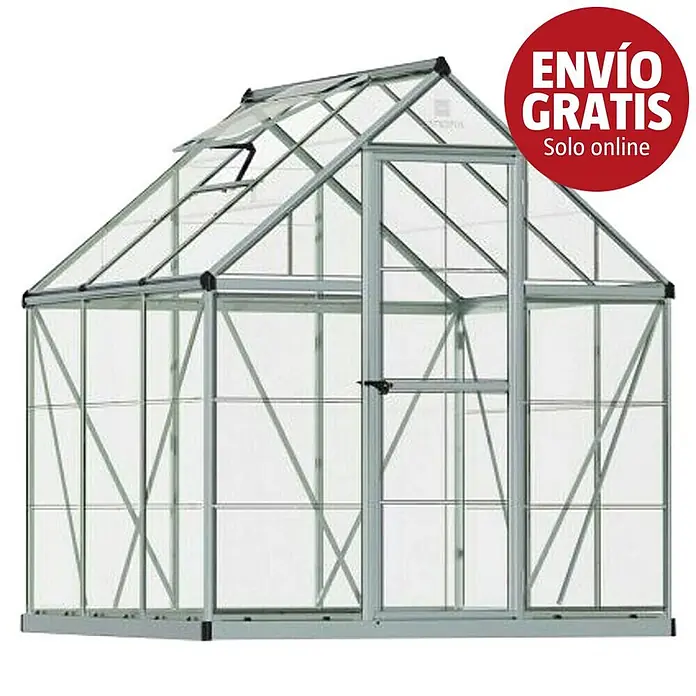 Palram – Canopia Invernadero Harmony - Medidas ext. (An x Pr): 185 x 186 cm, Plateado, Área: 3,5 m² - Invernadero con estructura plateada, paneles transparentes y ventana de techo abierta para ventilación.