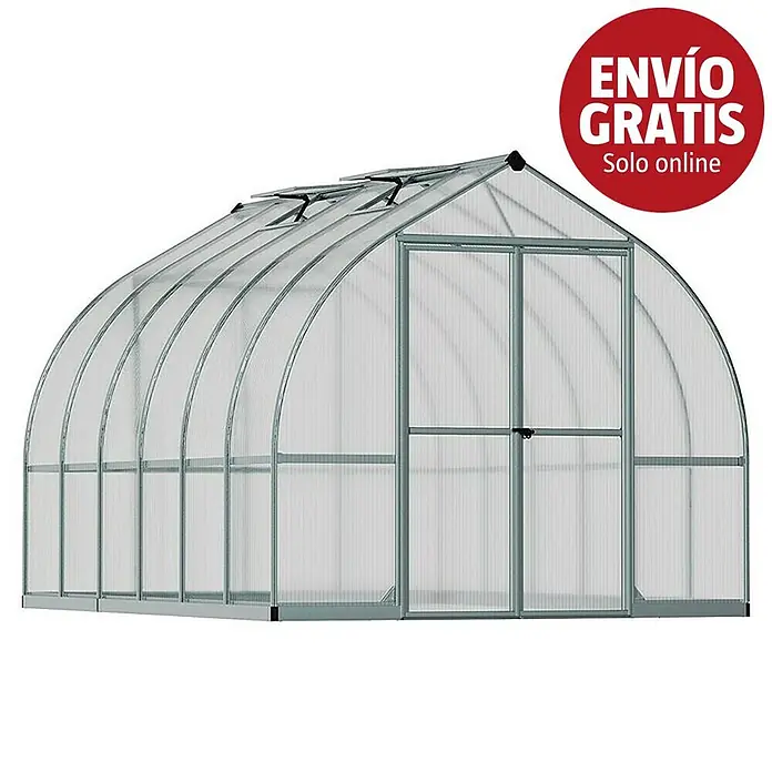 Palram – Canopia Invernadero Bella - Medidas ext. (An x Pr): 244 x 367 cm, 6 mm, Plateado - Invernadero abovedado con paneles translúcidos, estructura metálica gris, puerta doble y ventilaciones de techo.