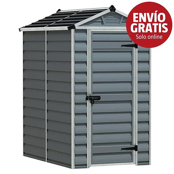 Palram – Canopia Caseta de jardín Skylight - Medidas ext. (An x Pr): 121 x 177 cm, Plástico, Gris oscuro - Caseta de jardín gris con paneles de lamas horizontales, techo negro y remates gris claro.