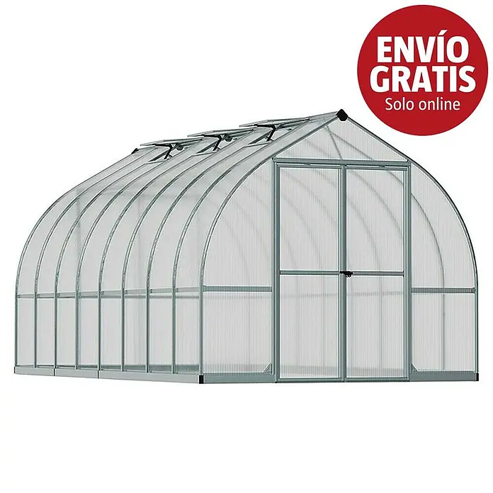 Palram – Canopia Invernadero Bella - Medidas ext. (An x Pr): 244 x 489 cm, 6 mm, Plateado - Invernadero arqueado con paneles translúcidos, marco plateado, ventanas de ventilación y puertas dobles.