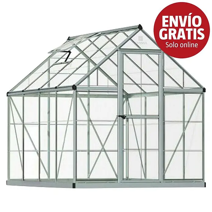 Palram – Canopia Invernadero Harmony - Medidas ext. (An x Pr): 185 x 247 cm, Plateado, Área: 4,6 m² - Invernadero con estructura de aluminio plateado y paneles transparentes, ventana de techo abatible y puerta corredera.