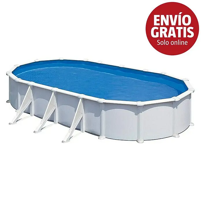 Gre Piscina de acero desmontable Atlantis - L x An x Al: 730 x 375 x 132 cm, Blanco, 28.217 l - Piscina ovalada elevada con estructura blanca y liner azul, soportada por soportes externos.
