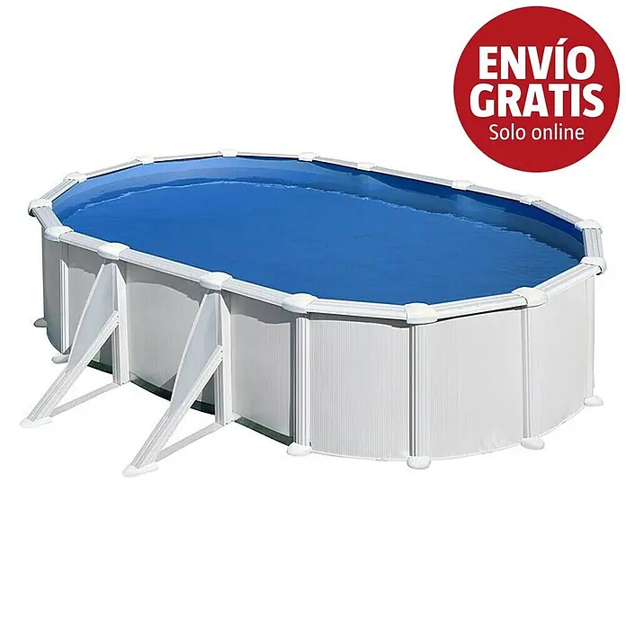 Gre Piscina de acero desmontable Atlantis - L x An x Al: 610 x 375 x 132 cm, Blanco, 23.281 l - Piscina elevada ovalada con exterior blanco nervado y liner interior azul, apoyada sobre patas blancas.