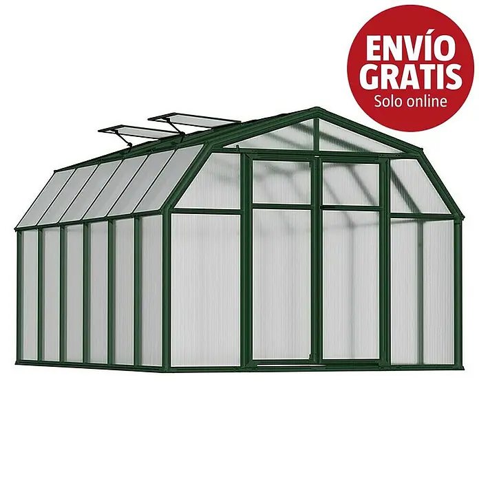 Palram – Canopia Invernadero Hobby Gardener - Medidas ext. (An x Pr): 266 x 391 cm, 6 mm, Verde - Invernadero verde con paneles transparentes y dos claraboyas de techo abiertas.