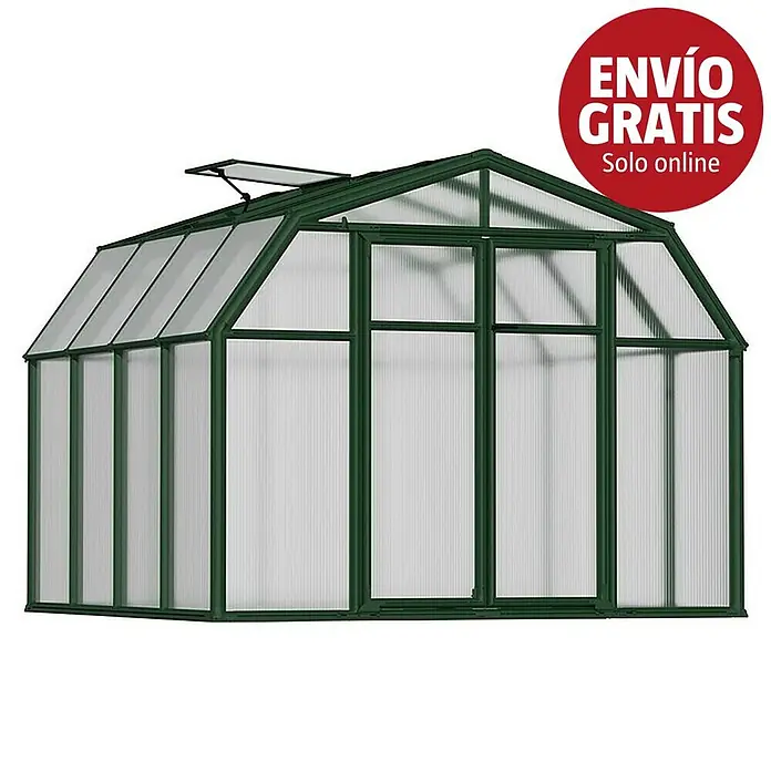 Palram – Canopia Invernadero Hobby Gardener - Medidas ext. (An x Pr): 266 x 266 cm, 6 mm, Verde - Invernadero verde con paneles ondulados translúcidos y una ventana de techo abierta.