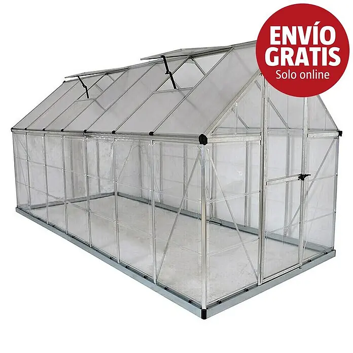 Palram – Canopia Invernadero Hybrid - Medidas ext. (An x Pr): 185 x 426 cm, 0,7 mm, Plateado - Invernadero de aluminio con paneles transparentes, techo a dos aguas, ventanas de techo y una puerta.