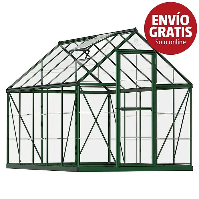 Palram – Canopia Invernadero Harmony - Medidas ext. (An x Pr): 185 x 306 cm, Verde, Área: 5,7 m² - Invernadero verde con paneles transparentes, ventana de techo abierta y pegatina roja 'ENVÍO GRATIS Solo online'.