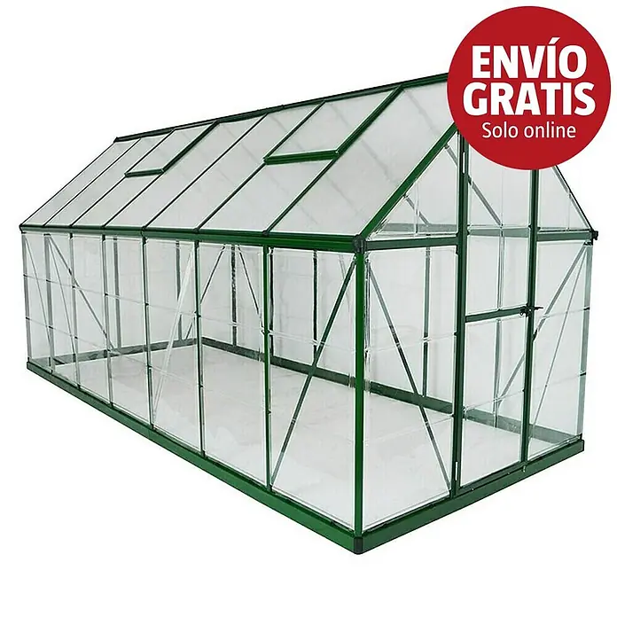 Palram – Canopia Invernadero Hybrid - Medidas ext. (An x Pr): 185 x 426 cm, 0,7 mm, Verde - Invernadero con estructura verde y paneles transparentes, con techo a dos aguas y ventanas de techo.