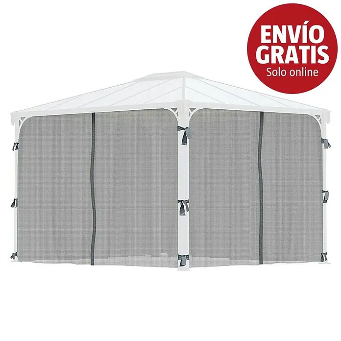 Palram – Canopia Cortina mosquitera para cenador Palermo - An x Al: 360 x 217 cm - Cenador blanco con mosquiteras grises. Texto "Envío gratis, solo online" en círculo rojo.