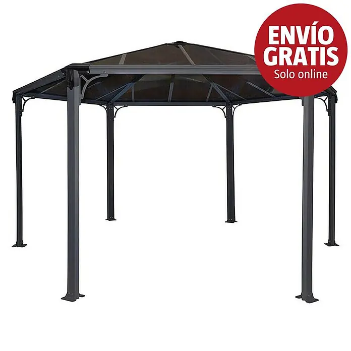 Palram – Canopia Pérgola estándar Mónaco - An x Pr: 390 x 450 cm, Color del armazón: Antracita, Aluminio - Cenador hexagonal de metal gris oscuro con techo oscuro translúcido para exteriores.