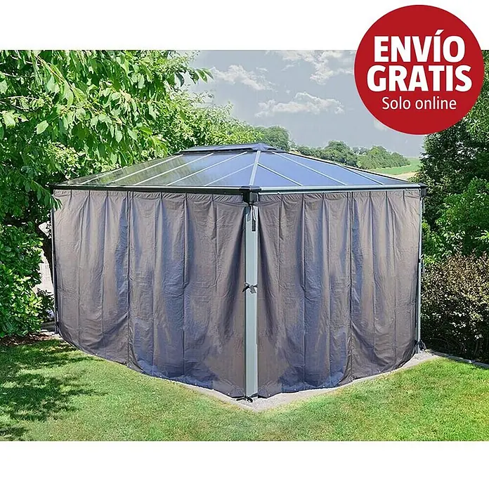 Palram – Canopia Pérgola estándar con cortinas Martinique - An x Pr: 360 x 500 cm, Color del armazón: Antracita, Aluminio - Cenador hexagonal de jardín con techo transparente y laterales de tela gris oscuro, sobre césped.
