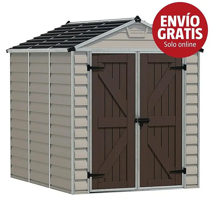 Palram – Canopia Caseta de jardín Skylight - Medidas ext. (An x Pr): 185 x 229 cm, Plástico, Beige/Marrón - Caseta de jardín de plástico beige y marrón con puertas dobles y tejado negro a dos aguas.