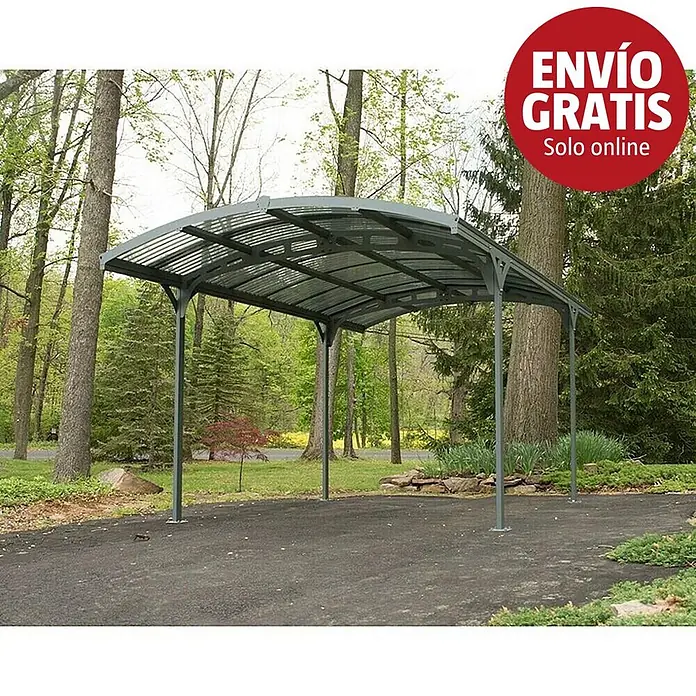 Palram – Canopia Carport Atlas 5000 - Medidas ext. (An x Pr): 2,88 x 4,95 m, Carport individual - Marquesina metálica gris con techo transparente, sobre una entrada asfaltada.