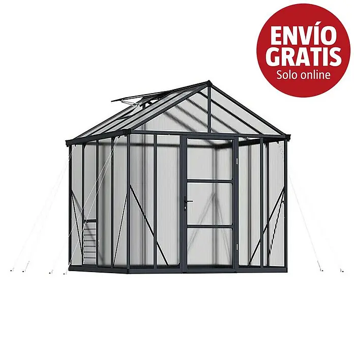 Palram – Canopia Invernadero Glory - Medidas ext. (An x Pr): 244,5 x 244 cm, 10 mm, Antracita - Invernadero con marco gris oscuro y paneles translúcidos, con ventilación en el techo.
