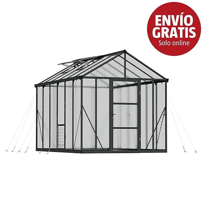 Palram – Canopia Invernadero Glory - Medidas ext. (An x Pr): 244,5 x 364 cm, 10 mm, Antracita - Invernadero gris oscuro con paneles transparentes, techo a dos aguas con ventilación y una puerta.