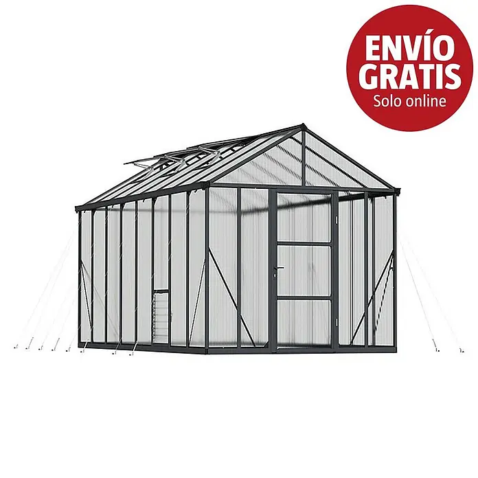 Palram – Canopia Invernadero Glory - Medidas ext. (An x Pr): 244,5 x 484 cm, 10 mm, Antracita - Invernadero moderno con estructura de metal gris oscuro, paneles translúcidos, aberturas en el techo y puerta batiente.