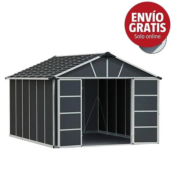 Palram – Canopia Caseta para jardín Yukon - Medidas ext. (An x Pr): 332 x 393 cm, Plástico, Antracita/Plata, Con suelo - Gran cobertizo de jardín de metal gris oscuro con techo a dos aguas y puertas correderas dobles anchas, con marco plateado.