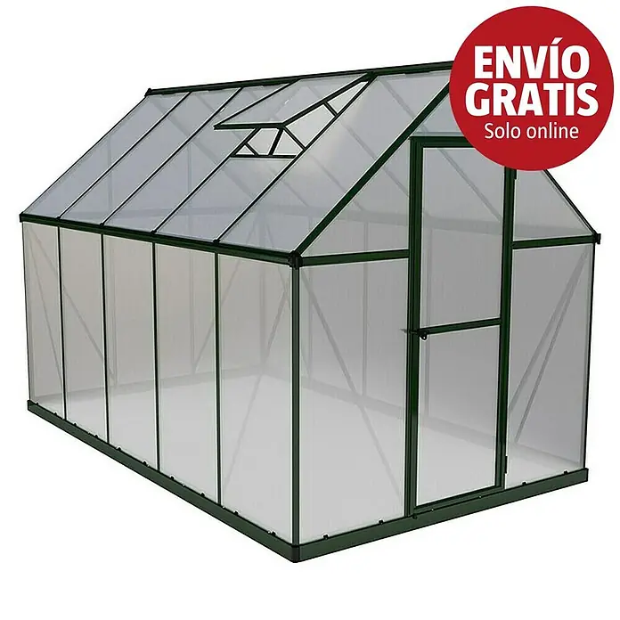 Palram – Canopia Invernadero Mythos - Medidas ext. (An x Pr): 185 x 306 cm, 4 mm, Verde - Invernadero con estructura verde oscuro, paneles translúcidos, ventilación de techo y puerta batiente.