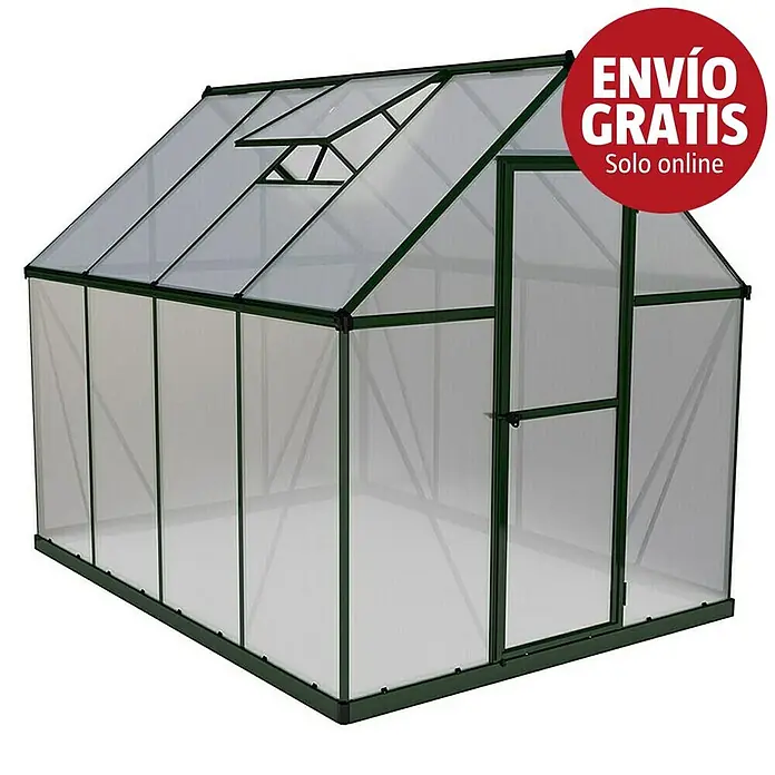 Palram – Canopia Invernadero Mythos - Medidas ext. (An x Pr): 185 x 247 cm, 4 mm, Verde - Invernadero con marco de aluminio verde oscuro, paneles translúcidos, techo inclinado y ventana de techo abierta.