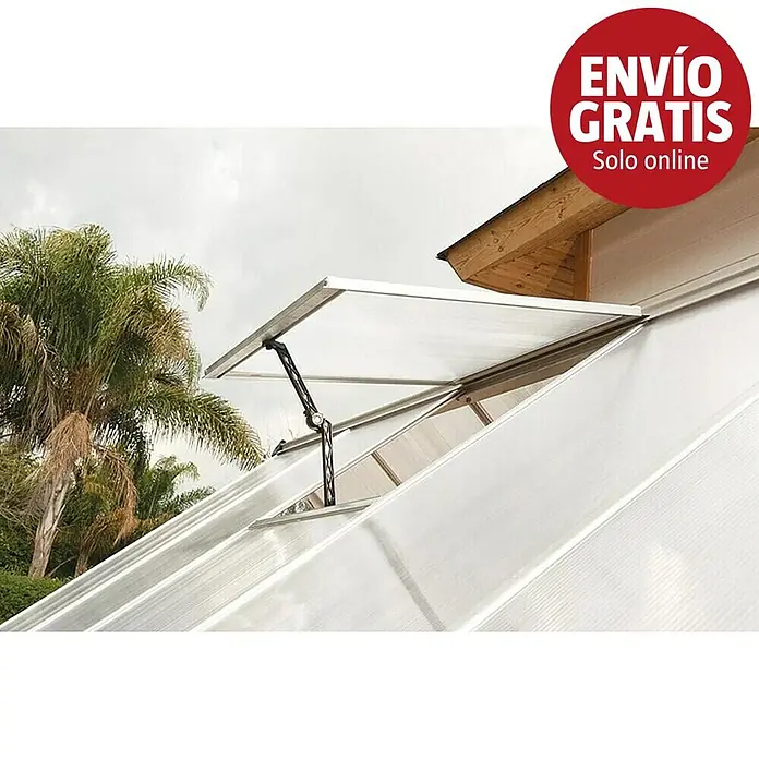 Palram – Canopia Ventana de techo Mythos - Cromo - Abridor automático negro de ventana de invernadero levantando un panel de techo translúcido.