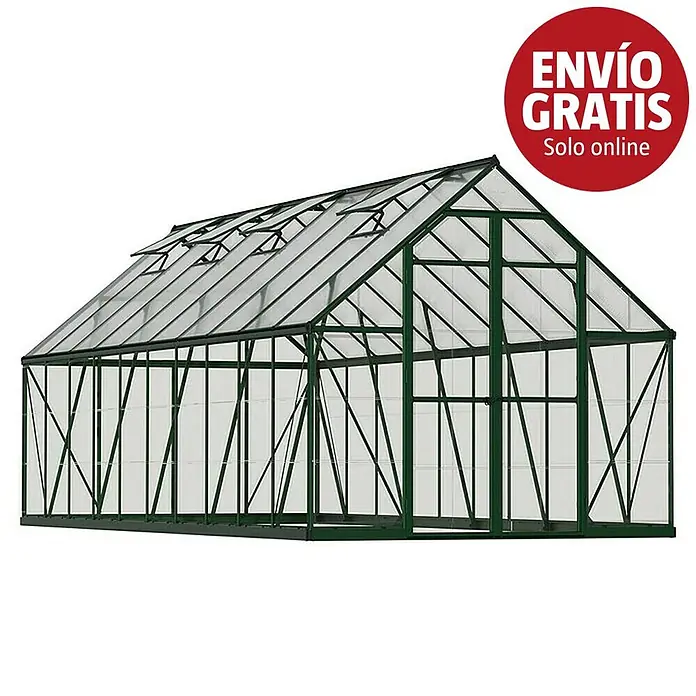 Palram – Canopia Invernadero Balance - Medidas ext. (An x Pr): 244 x 607 cm, 0,7 mm, Verde - Invernadero con estructura verde, paneles transparentes y varias ventanas de techo abiertas.