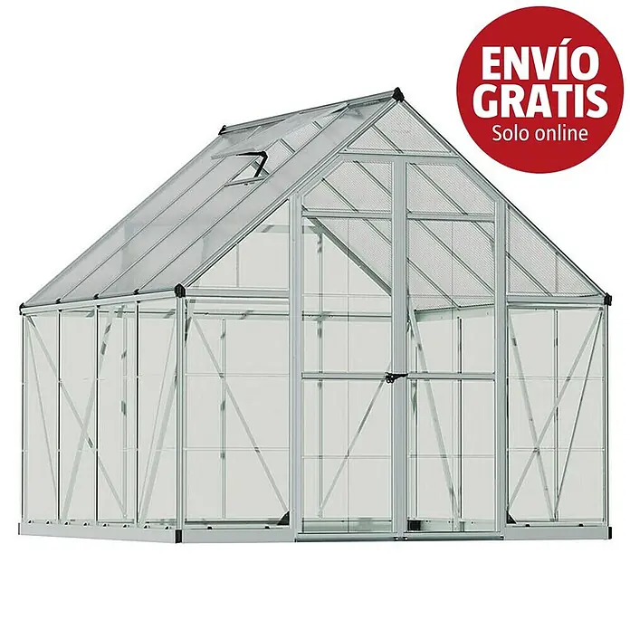 Palram – Canopia Invernadero Balance - Medidas ext. (An x Pr): 244 x 247 cm, 0,7 mm, Plateado - Invernadero grande con estructura de aluminio y paneles transparentes, techo a dos aguas y ventana de ventilación. Puerta frontal visible.