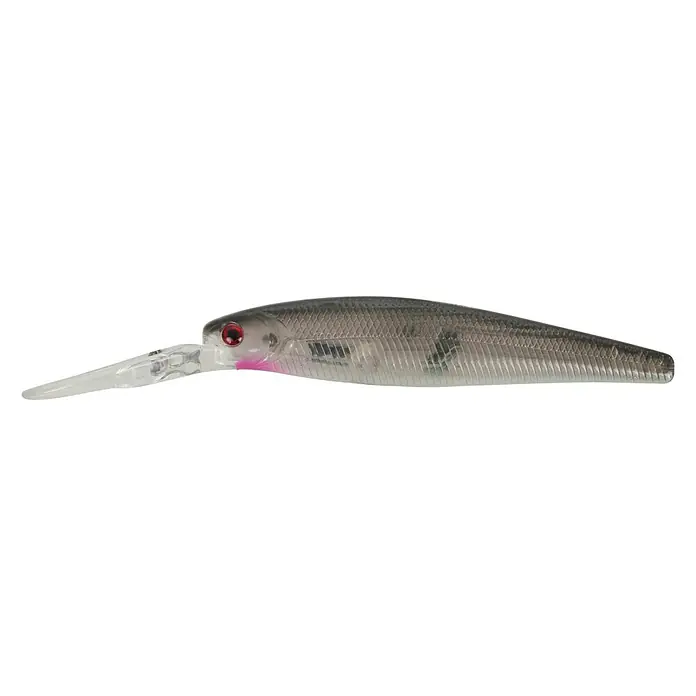 Westline Wobbler Shady 90 - Zielfisch: Zander/Barsch, 9 cm, Mit Drillingen, WF - Nahaufnahme eines grauen Wobblers mit rotem Auge und durchsichtiger Tauchschaufel, isoliert auf Weiß.