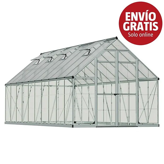 Palram – Canopia Invernadero Balance - Medidas ext. (An x Pr): 244 x 607 cm, 0,7 mm, Plateado - Gran invernadero con estructura plateada, paneles transparentes, varias ventanas de techo y puerta corredera.