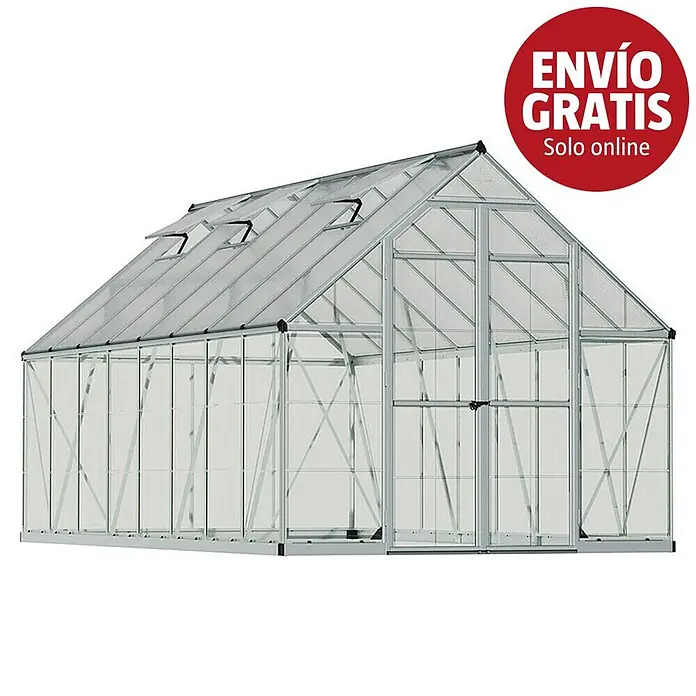 Palram – Canopia Invernadero Balance - Medidas ext. (An x Pr): 244 x 487 cm, 0,7 mm, Plateado - Invernadero transparente con marco plateado y ventanas de techo.