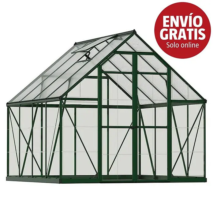 Palram – Canopia Invernadero Balance - Medidas ext. (An x Pr): 244 x 247 cm, 0,7 mm, Verde - Invernadero con estructura verde oscuro, paneles translúcidos y ventana de techo.