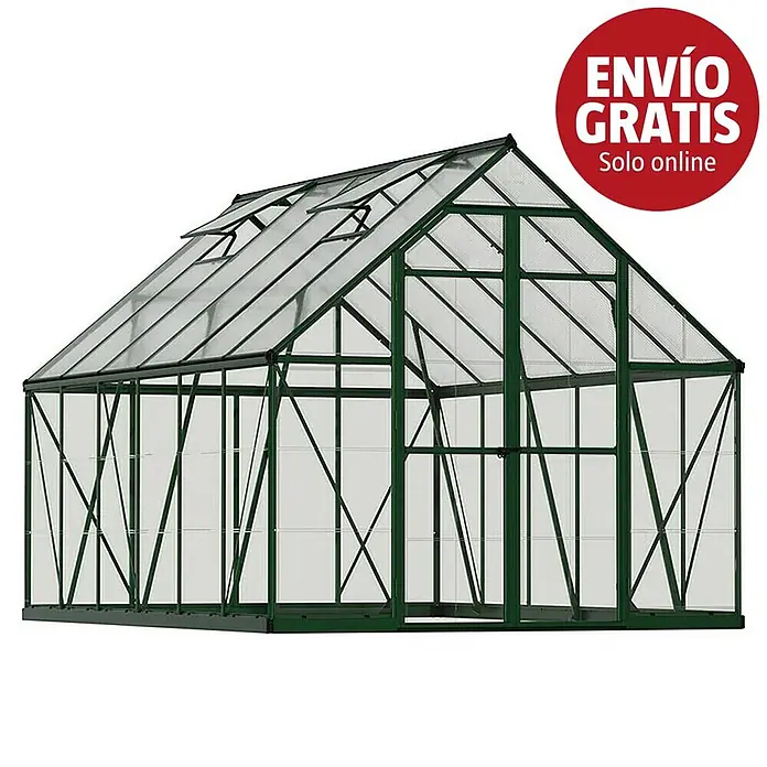 Palram – Canopia Invernadero Balance - Medidas ext. (An x Pr): 244 x 367 cm, 0,7 mm, Verde - Invernadero de estructura metálica verde oscuro con paneles transparentes y ventanas de techo abiertas.