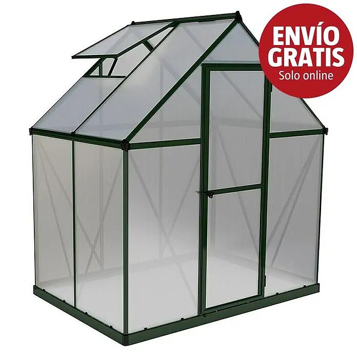Palram – Canopia Invernadero Mythos - Medidas ext. (An x Pr): 185 x 126 cm, 4 mm, Verde - Invernadero con marco verde oscuro, paneles translúcidos, ventilación en el techo y puerta.