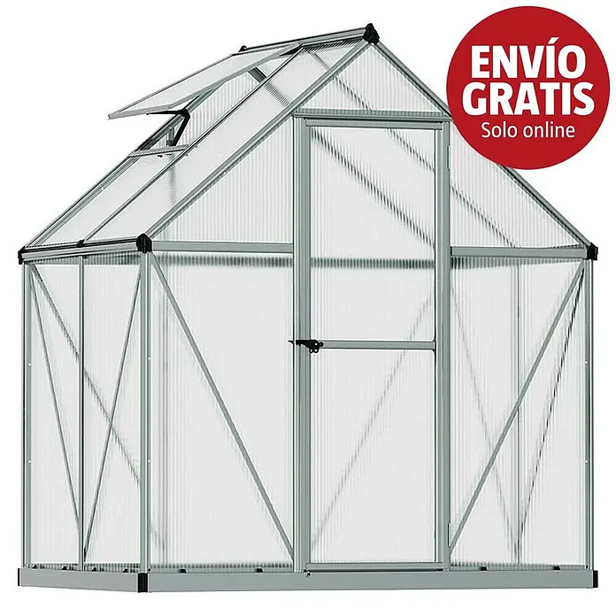 Palram – Canopia Invernadero Mythos - Medidas ext. (An x Pr): 185 x 126 cm, 4 mm, Plateado - Invernadero con estructura de aluminio plateado, paneles transparentes, puerta y ventana de techo abierta.