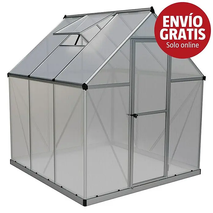 Palram – Canopia Invernadero Mythos - Medidas ext. (An x Pr): 185 x 186 cm, 4 mm, Plateado - Un pequeño invernadero moderno con marco de metal plateado y paneles translúcidos, techo inclinado con ventana de ventilación y puerta batiente.