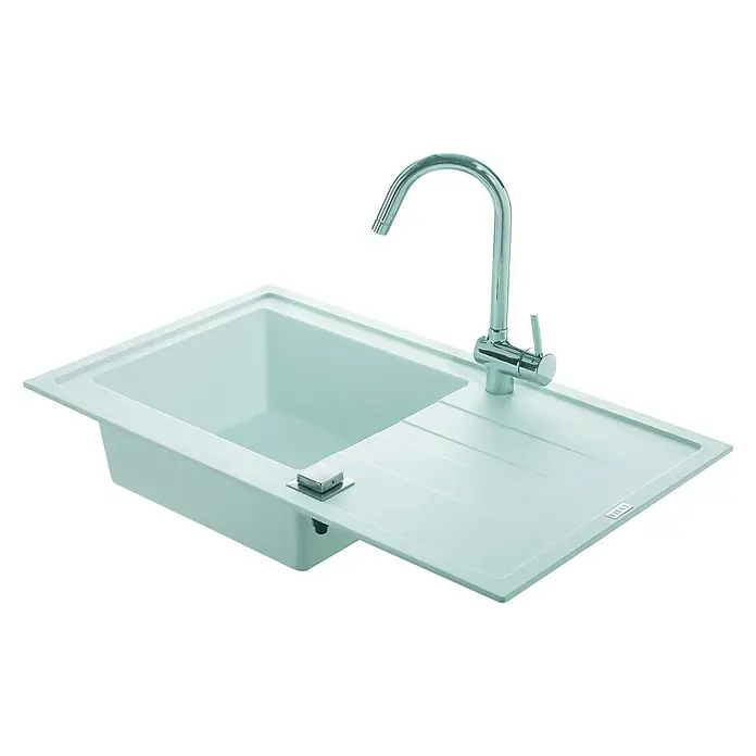 Carea Einbauspüle Tango - 86 x 50 cm, Weiß, Material Spüle: CAREAgranit® - Eine moderne Spüle mit Abtropffläche und einem eleganten Chromhahn, ideal für jede Küche. Die klare Formgebung macht sie zu einem Blickfang.