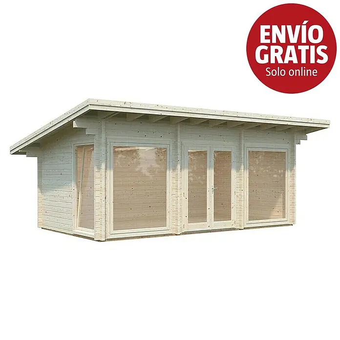 Palmako Caseta de jardín Heidi - Medidas ext. (An x Pr): 748 x 483 cm, Madera, Natural - Caseta de jardín de madera clara con grandes ventanas y doble puerta bajo un tejado inclinado.