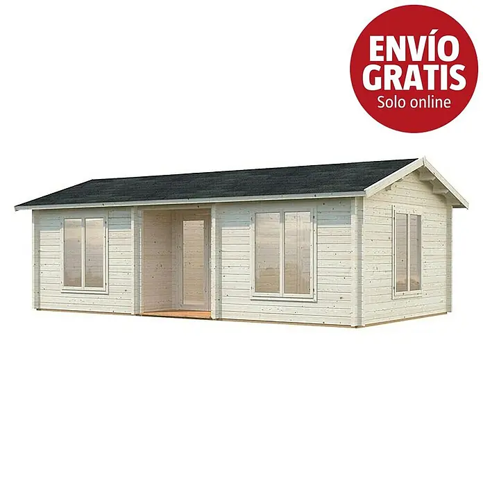 Palmako Caseta de jardín Anna - Medidas ext. (An x Pr): 834 x 460 cm, Madera, Natural - Cabaña de madera clara con techo oscuro, ventanas y puerta abierta, ideal para jardín o vivienda pequeña.