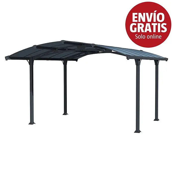 Palram – Canopia Carport Arcadia - Medidas ext. (An x Pr): 3,59 x 4,35 m, Carport doble, Gris - Marquesina metálica gris oscuro con techo plano ligeramente curvado y pilares de soporte.