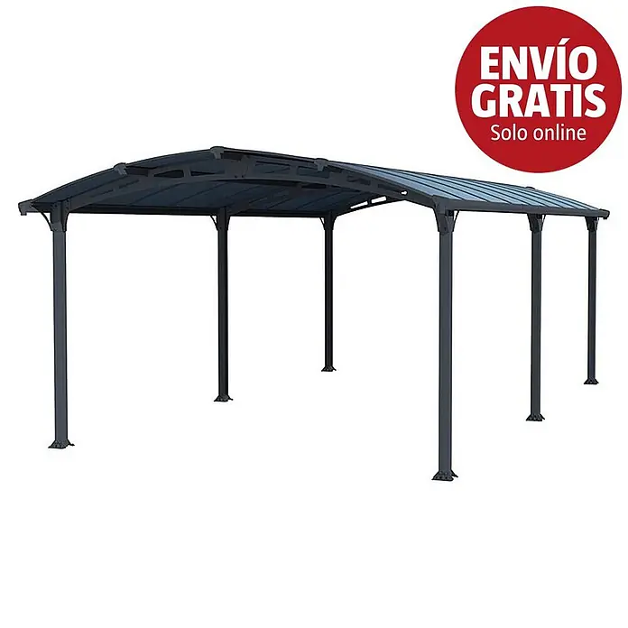 Palram – Canopia Carport Arcadia - Medidas ext. (An x Pr): 3,59 x 6,49 m, Carport doble, Gris - Cobertizo metálico gris oscuro con techo curvo, sostenido por varios postes.